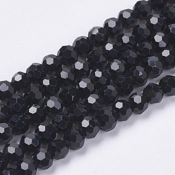 Opaque Glass Beads Strands, Imitation Jade Glass, Faceted(32 Facets), Round, Black, 3.5~4.5mm, Hole: 0.5mm, about 100pcs/strand, 13.9~15.7 inch(35.5~40cm)