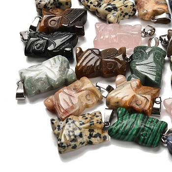 Natural & Synthetic Mixed Gemstone Pendants, with 201 Stainless Steel Finding, Owl, 24~25x14.5~16x7mm, Hole: 4x7.5mm