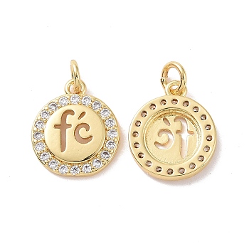 Rack Plating Brass Micro Pave Clear Cubic Zirconia Pendants, with Jump Ring, Cadmium Free & Lead Free, Long-Lasting Plated, Flat Round with Word Fe, Real 18K Gold Plated, 15.5x13x2mm,  Jump Ring: 5x1mm, Inner Diameter: 3mm