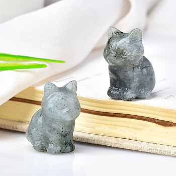 Natural Labradorite Carved Healing Cat Figurines, Reiki Energy Stone Display Decorations, 30x23mm