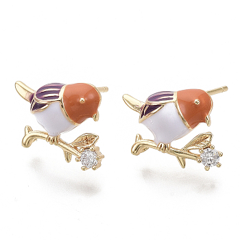 Brass Micro Pave Clear Cubic Zirconia Stud Earring Findings, with Enamel and Loop, Real 18K Gold Plated, Nickel Free, Bird, Coral, 11x16mm, Hole: 0.8mm, Pin: 1mm