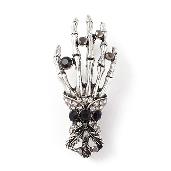 Halloween Theme Rhinestone Skeleton Hand Brooch Pin, Alloy Badge for Backpack Clothing, Antique Silver, 48.5x21.5x11mm, Pin: 0.7mm