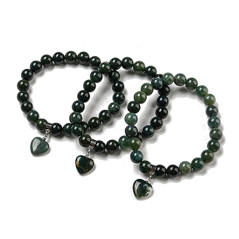 8.5mm Round Natural Moss Agate Beaded Stretch Bracelets, Heart Charm Bracelets with Brass Bails for Women, Inner Diameter: 2-1/8 inch(5.5cm)