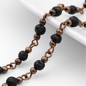 Handmade Round Lava Rock Beads Chains for Necklaces Bracelets Making, with Iron Eye Pin, Unwelded and Brass Spacer Beads, Antique Bronze, Black, 39.37 inch(1m)