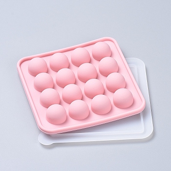 Food Grade DIY Silicone Molds, Fondant Molds, with Plastic Lid, Baking Molds, Chocolate, Candy, Biscuits, UV Resin & Epoxy Resin Jewelry Making, Round Ball, Pink, 105x104x18mm