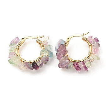 Natural Fluorite Chips Braided Hoop Earrings, 304 Stainless Steel Wire Wrap Jewelry for Women, 25~27x28~33x7~9mm, Pin: 0.6mm