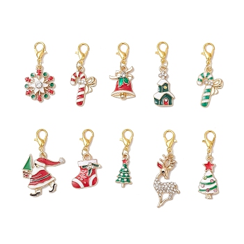 10Pcs Christmas Alloy Enamel Pendant Decorations, with Lobster Claw Clasps, Mixed Shapes, Mixed Color, 31~43mm