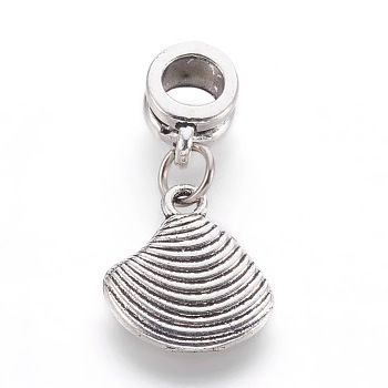 Alloy European Dangle Charms, Large Hole Pendants, with Iron Ring, Shell, Antique Silver, 27mm, Hole: 5mm, 15x13x2mm