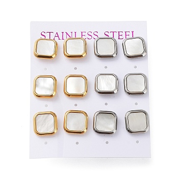 6 Pair 2 Color Square Natural Shell Stud Earrings, 304 Stainless Steel Earrings, Golden & Stainless Steel Color, 12x12mm, 3 Pair/color