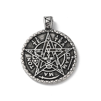 Wicca 304 Stainless Steel Pendants, Flat Round with Star Charm, Antique Silver, 44.5x35.5x7mm, Hole: 6x5mm