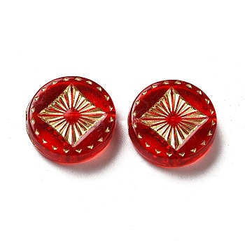 Transparent Plating Acrylic Beads, Golden Metal Enlaced, Flat Round, Red, 15~15.5x4.5mm, Hole: 1.5~1.8mm