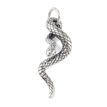 316 Surgical Stainless Steel Pendants, with Jump Ring, Snake Charm, Antique Silver, 43.5x15.5x9.5mm, Hole: 7mm