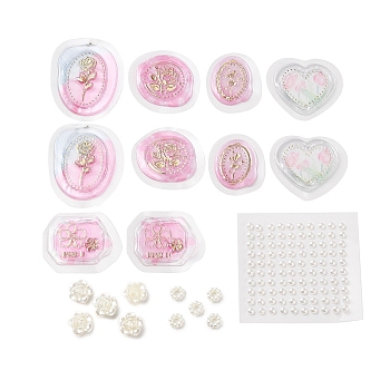 DIY Scrapbooking Tool Sets, Including Resin Wax Seal Stickers, Plastic Pearl Stickers and Flower Ring Plastic Beads, Pink, 34~44x26~36x1.5~2mm