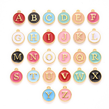 Alloy Enamel Charms, 2 side Enamelled Sequins, Golden Plated, Flat Round with Alphabet, Letter, Golden, Random Mixed Color, 14x12x2mm, Hole: 1.5mm, 26pcs/set