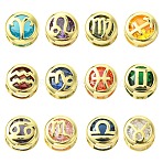 Brass Micro Pave Cubic Zirconia Spacer Beads, Flat Round with Twelve Constellation, Golden, Mixed Color, 11x7mm, Hole: 5x3mm(KK-CJC0015-21G)