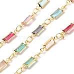 Handmade Brass Link Chain, with Glass Beads, Soldered, with Spool, Colorful, 3.5x2.5x0.2mm and 11.5x3.5x1.5mm, about 16.40 Feet(5m)/Roll(CHC-E028-11G-01)