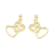 Rack Plating Brass Micro Pave Clear Cubic Zirconia Pendants, Cadmium Free & Lead Free, Long-Lasting Plated, Double Heart Charm, Real 18K Gold Plated, 20x19.5x2mm, Hole: 4x3.5mm(KK-C011-20G)