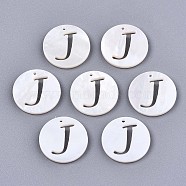 Natural Freshwater Shell Charms, Flat Round with Hollow Out Letter, Letter.J, 14.5x1.5mm, Hole: 0.9mm(SHEL-S276-119J)