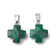 Synthetic Malachite Pendants, Cross Charms with Stainless Steel Color Plated Stainless Steel Snap on Bails, 20~20.5x15.5~16.5x6~7mm, Hole: 7x4.5mm(G-K359-02P-04)
