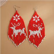 Boho Seed Bead Christmas Deer Tassel Earrings, Iron Dangle Earring for Women, Cerise, 122x45mm(EJEW-Q380-03D)