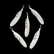 Natural Freshwater Shell Big Pendants, Feather Charms with Platinum Plated Brass Pinch Bails, Antique White, 68~68.5x14~14.5x1.5~2mm, Hole: 4.5x4mm(BSHE-Z003-34P)
