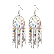 Alloy Woven Net/Web with Feather Chandelier Earrings with Glass Beaded, 316 Surgical Stainless Steel Long Drop Earrings for Women, Platinum, 90mm, Pin: 0.6mm(EJEW-TA00159)
