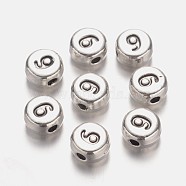 Flat Round Antique Silver Tone Alloy Number Beads, Num.9, 7x4mm, Hole: 1.2mm(PALLOY-K194-09AS)