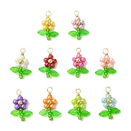 10Pcs 10 Colors Pearlized Glass Pearl Pendants, Flower, with Acrylic & Copper Wire, Mixed Color, 26.5x17.5x6mm, Hole: 3.5mm(PALLOY-JF03388)