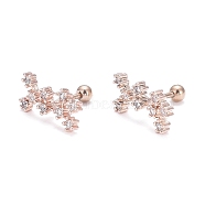 Brass Micro Pave Clear Cubic Zirconia Stud Earrings, with 304 Stainless Steel Pin and Ear Nut, Constellation/Zodiac Sign, Rose Gold, Sagittarius, 13x7mm, Pin: 0.8mm(EJEW-F258-01B-RG)