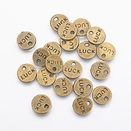 Flat Round Carved Word Luck Tibetan Style Message Charms, Lead Free & Nickel Free, Antique Bronze, 9x1mm, Hole: 1.5mm(X-TIBEP-A123975-AB-FF)