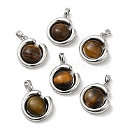 Natural Tiger Eye Pendants, Brass Half Round Charms, Real Platinum Plated, 19x16x6mm, Hole: 4x3mm(KK-M270-40P)