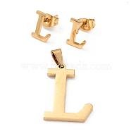 304 Stainless Steel Pendants and Stud Earrings Jewelry Sets, Alphabet, Letter.L, 20~23x13~19x1.5mm, Hole: 6x3mm, 6~10x6~9x1mm, Pin: 0.8mm(SJEW-P099-12G)