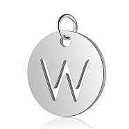 304 Stainless Steel Charms, Flat Round with Letter, Stainless Steel Color, Letter.W, 12x1mm, Hole: 2.5mm(STAS-S105-T514S-W)