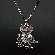 Alloy Light Siam Rhinestone Cute Owl Pendant Necklaces for Women, Platinum(ZP2296-1)