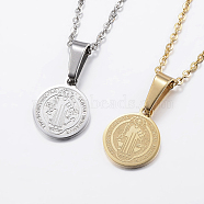 304 Stainless Steel Pendant Necklaces, Flat Round with San Benito Pattern, Mixed Color, 17.7 inch(45cm), 1.5mm(NJEW-J053-01)