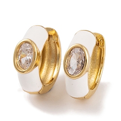 Rack Plating Brass Cubic Zirconia Enamel Earrings, Cadmium Free & Lead Free, Oval, Hoop Earrings, Real 18K Gold Plated, White, 14x5mm(EJEW-S219-14G-04)