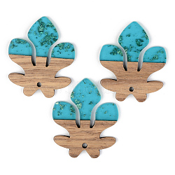 Transparent Resin & Walnut Wood Pendants, with Gold Foil, Fleur De Lis, Dark Turquoise, 38x31.5x3mm, Hole: 2mm(RESI-S389-051A-B03)