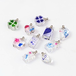 Mixed Shapes Glass Pendants, with Platinum Tone Alloy Findings, Mixed Color, 22~27x11~19x7~11mm, Hole: 1mm(GLAA-I019-M)