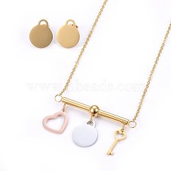 304 Stainless Steel Jewelry Sets, Pendant Necklaces and Stud Earrings, Heart & Flat Round & Key, Mixed Color, 19.6 inches(50cm), 19x15.5x1.2mm, Pin: 0.8mm(SJEW-G071-09)
