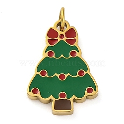 Christmas Theme Ion Plating(IP) 304 Stainless Steel Enamel Pendants, with Jump Ring, Manual Polishing, Real 18K Gold Plated, Christmas Tree, 16x11x1.5mm, Hole: 2.5mm(STAS-Z104-01G-04)