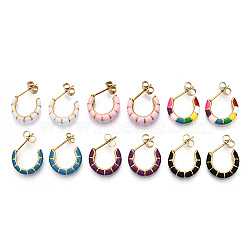 Enamel C-shape Stud Earrings, Gold Plated 304 Stainless Steel Half Hoop Earrings for Women, with Ear Nuts, Mixed Color, 18x16x3.5mm, Pin: 0.8mm(EJEW-N052-05)