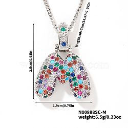 Brass Pave Colorful Cubic Zirconia Letter Pendant Box Chain Necklaces, Platinum, Letter M, 15.75 inch(40cm)(NU0575-39)