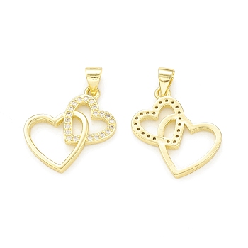 Rack Plating Brass Micro Pave Clear Cubic Zirconia Pendants, Cadmium Free & Lead Free, Long-Lasting Plated, Double Heart Charm, Real 18K Gold Plated, 20x19.5x2mm, Hole: 4x3.5mm