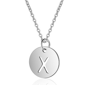 201 Stainless Steel Initial Pendants Necklaces, with Cable Chains, Flat Round with Letter, Stainless Steel Color, Letter.X, 16.3 inch(40cm), 1mm