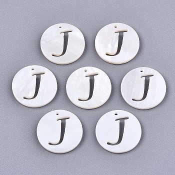 Natural Freshwater Shell Charms, Flat Round with Hollow Out Letter, Letter.J, 14.5x1.5mm, Hole: 0.9mm