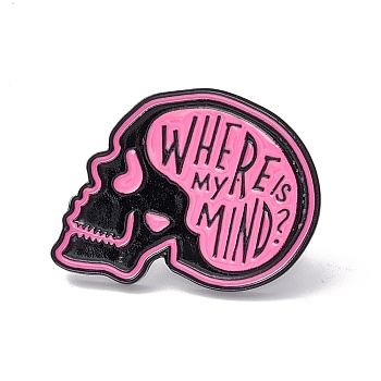 Where Is My Mind Enamel Pin, Halloween Skull Alloy Brooch for Backpack Clothes, Electrophoresis Black, Hot Pink, 23x30x1.5mm