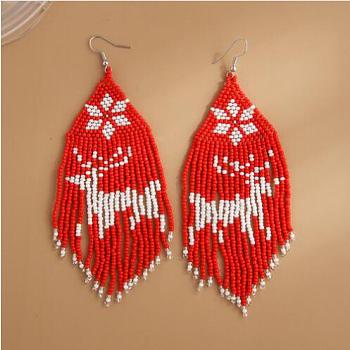 Boho Seed Bead Christmas Deer Tassel Earrings, Iron Dangle Earring for Women, Cerise, 122x45mm