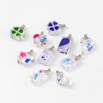 Mixed Shapes Glass Pendants, with Platinum Tone Alloy Findings, Mixed Color, 22~27x11~19x7~11mm, Hole: 1mm