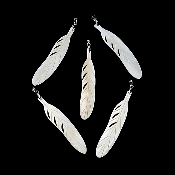 Natural Freshwater Shell Big Pendants, Feather Charms with Platinum Plated Brass Pinch Bails, Antique White, 68~68.5x14~14.5x1.5~2mm, Hole: 4.5x4mm