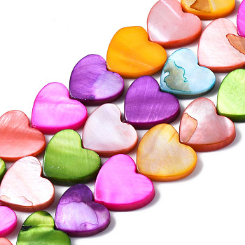 Natural Freshwater Shell Beads Strands, Dyed, Heart, Mixed Color, 11~12x12~13x3mm, Hole: 0.8mm, about 34~35pcs/strand, 14.96 inch(38cm)